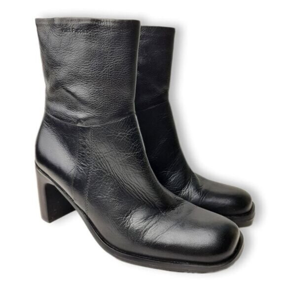HUSH PUPPIES Waterproof Genuine Leather Square Toe Ankle Bootie Black Sz 5.5 M - Picture 1 of 14